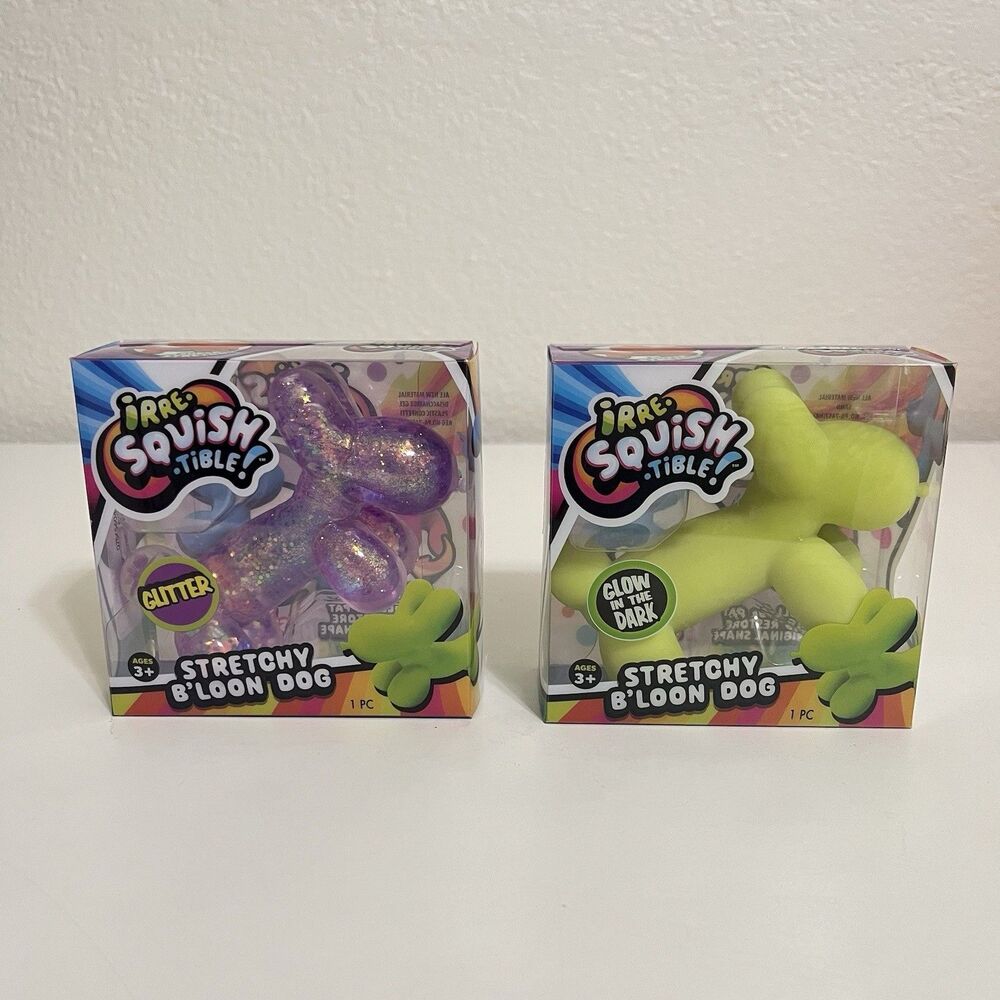 JA-RU Irre-Squish-tible Stretchy B'Loon Dog Lot of 2 Green & Purple Glitter NEW